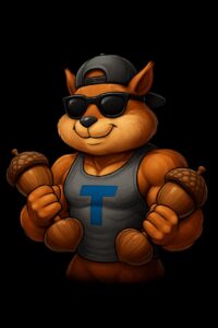 Humanoides Eichhörnchen mit Sonnenbrille, Basecap und Eicheln in beiden Händen